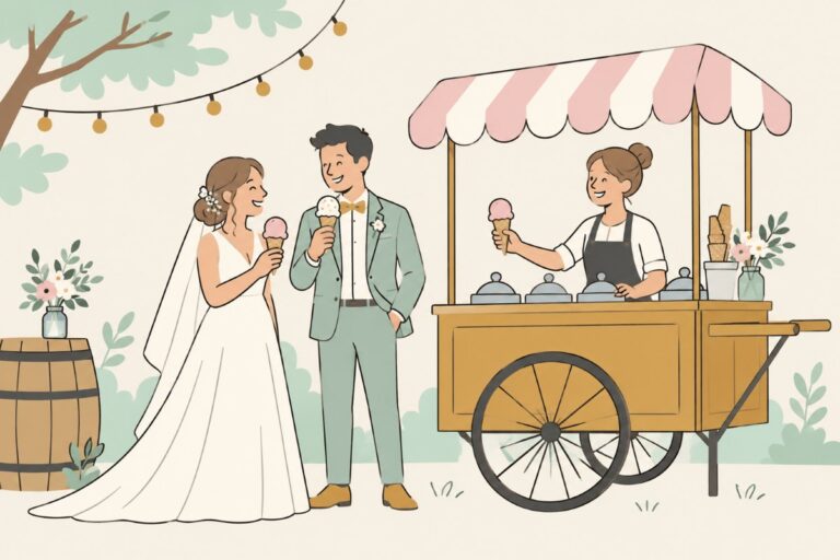 Illustratie: bruidspaar eet een ijsje bij de ijskar