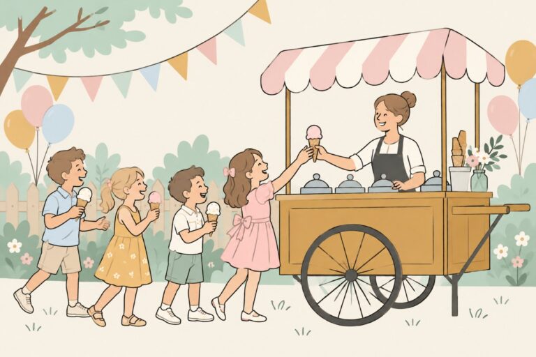 Illustratie: kinderen met een ijsje bij de ijskar